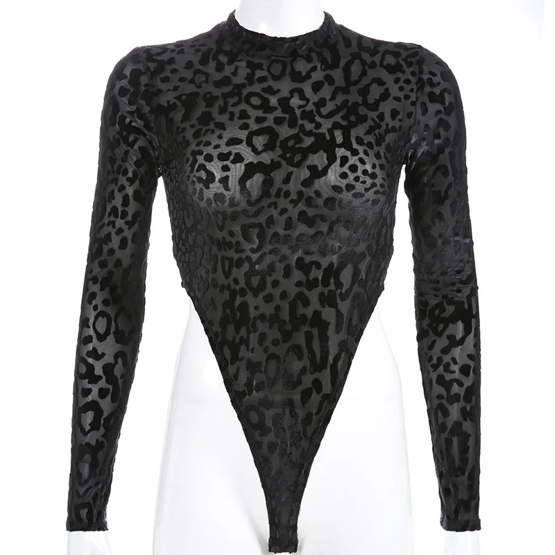 Женская сексуальная черная леопардовая Прозрачная сетка Флокирование перспектива one-piece одежда с длинным рукавом удобный высокий воротник боди sf4