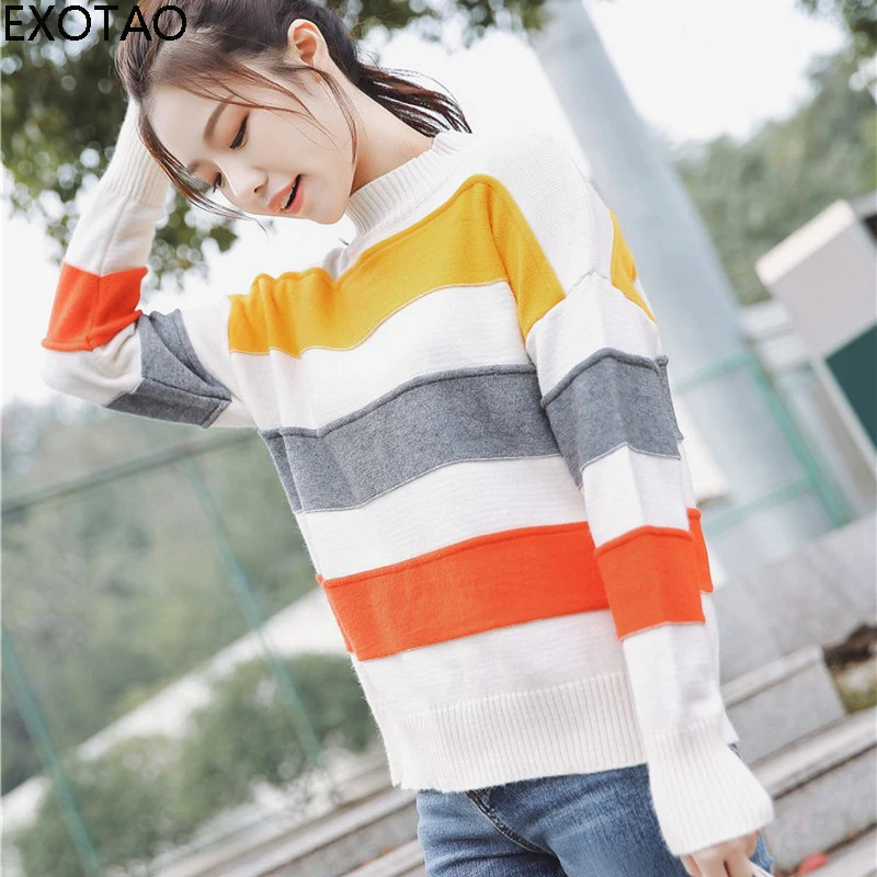 EXOTAO Candy Color Striped Sweater Women Colorful Loose Drop Shoulder Pull Femme Semi-High Collar Autumn Knitted Jumper Female | Женская
