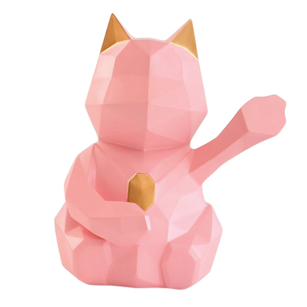 3D Abstract Art Geometric Fortune Lucky Cat Sculpture Resin Animal Statue Figurines Feng Shui Decor