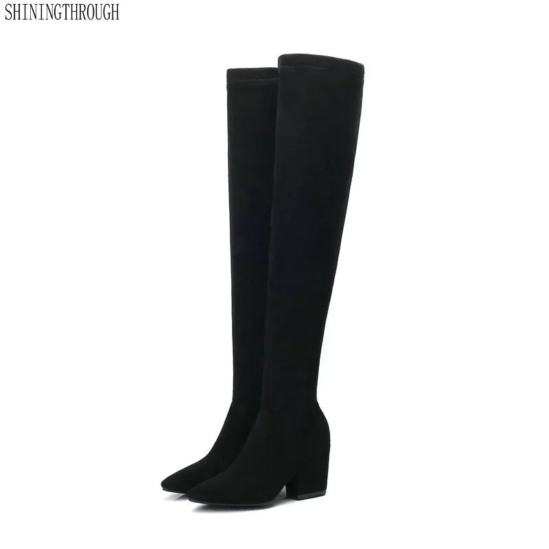

New thick high heels over the knee high boots woman poined toe black ladies boots party dress shoes woman large size 43