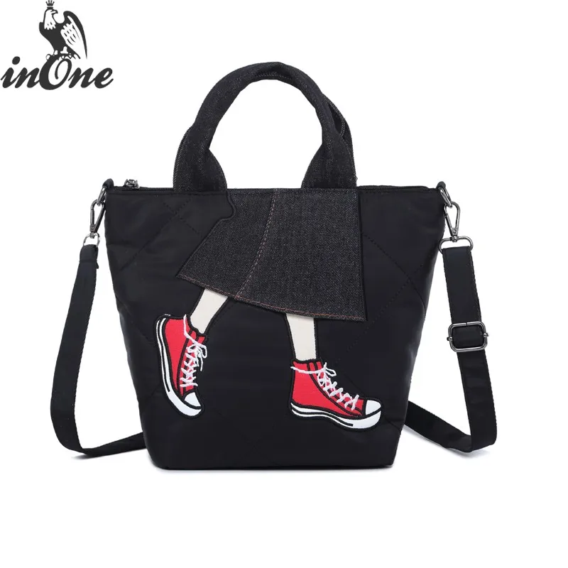 

INONE 2018 Ladies Hand Bags Solid Women Crossbody Messenger Shoulder Bags Oxford with Denim Embrodiery Shoes Tote Handbag Purse
