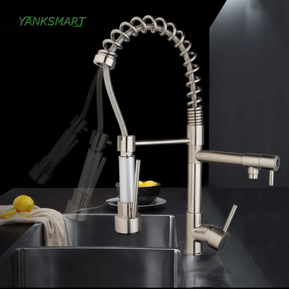 

YANKSMART kitchen flexible Pull Up Down Brushed Nickel solid brass basin sink swivel faucet single Hole Rotated tap