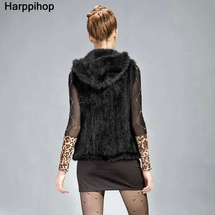 New Genuine knitted mink fur vest hooded mink fur vest warm winter fur coat
