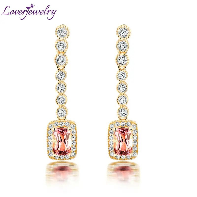 

Charming Cushion Cut Tourmaline Drop Earrings Solid 18Kt Yellow Gold Real Diamond Pink stone for Women Birthday Gift