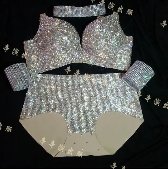 Costume Rhinestone Bra Panties Set Bar Dj Dance Women Led
