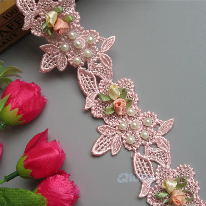 

2 Yards Pink Pearl Flower Beaded Embroidered Lace Trim Ribbon Floral Applique Patches Fabric Wedding Sewing Craft DIY