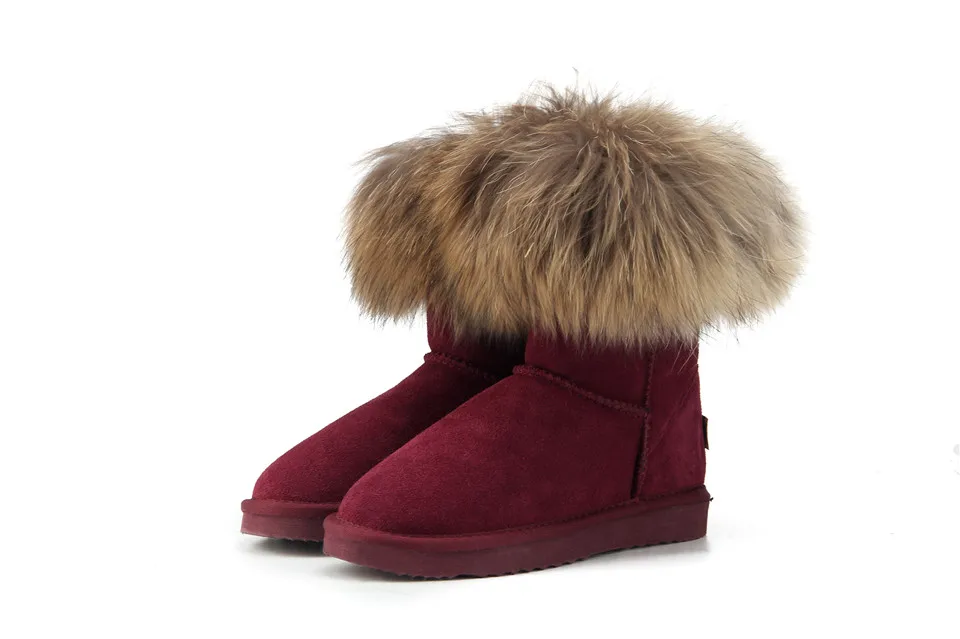 MBR FORCE Fashion Women's Natural Real fox Fur Snow Boots Genuine Cow Leather women Boots Female Warm Winter Boots Shoes