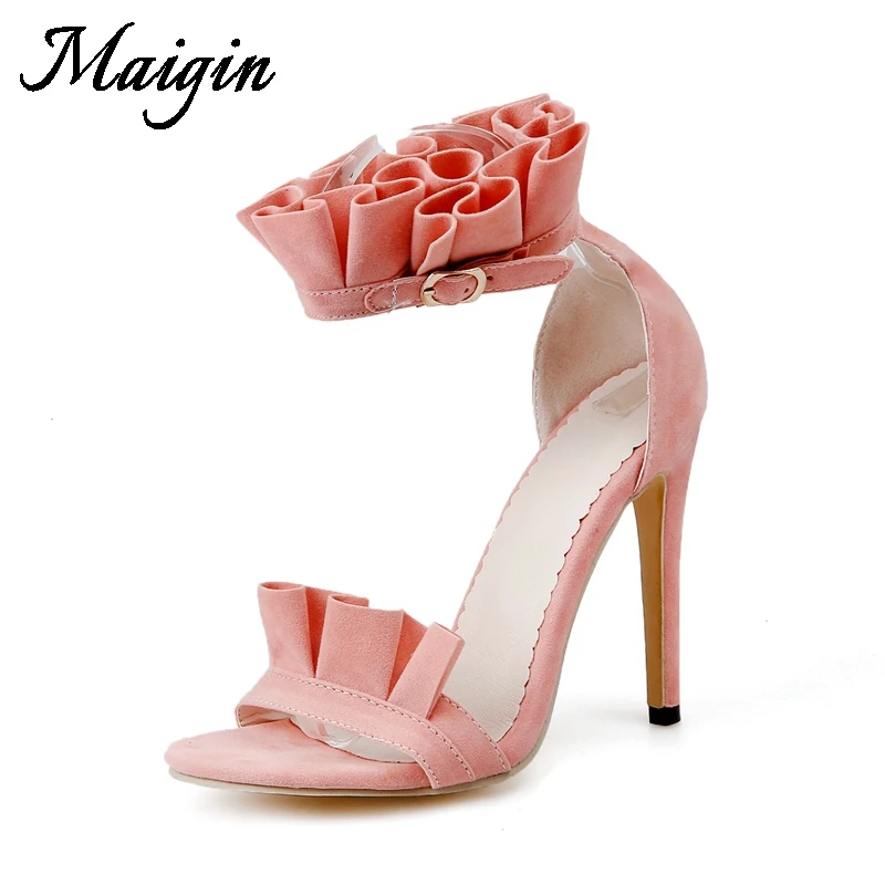 Maigin High Heels Summer Shoes Women 2018 Fashion Open Toe Flock Female Sandals Women Footwear Cover Heel Ruffles Ladies Sandals