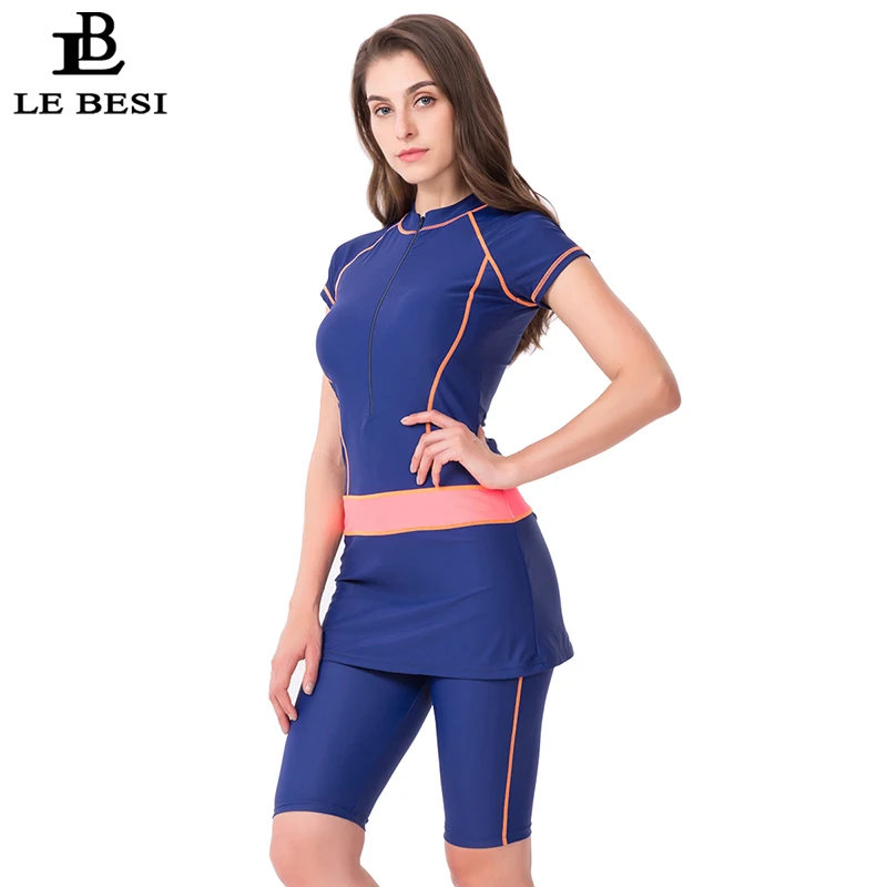 Billig LEBESI 2019 Neue Zwei Stück Rock Badeanzug Für Frauen Sport Surf Anzug Tankini Lange Hosen badeanzug Mit Zipper Sleeve bademode