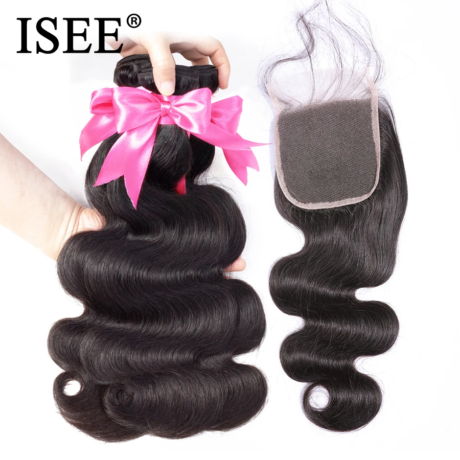 ISEE Human Hair Bundles With Closure 3 Bundles Body Wave Bundles With Closure Swiss Lace Hair Extension Indian Hair With Closure