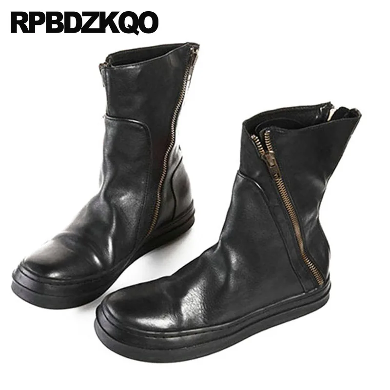 Masculino Cómodo Caer Zapatos Mediados black Genuina Piel Calidad Negro Botas Cuero Coreano De Black Completo Runway Grano Moda Planos Hombre Alta Becerro 2 Invierno Lujo Calzado Sintética Cremallera Del 1 WangzfnSx