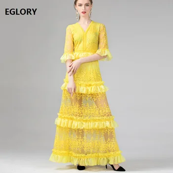 

Floor Length Dress 2019 Autumn Fashion Wedding Party Women V-Neck Allover Luxurious Embroidery 3/4 Sleeve Yellow Long Dress