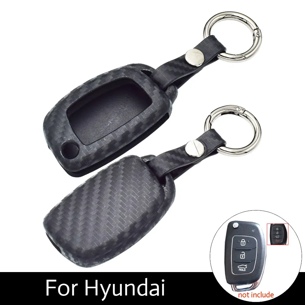 

Carbon Fiber Pattern Silicone Car Remote Flip Key Fob Cover Case For Hyundai New Version IX35 Mistra Folding keys with Keychain