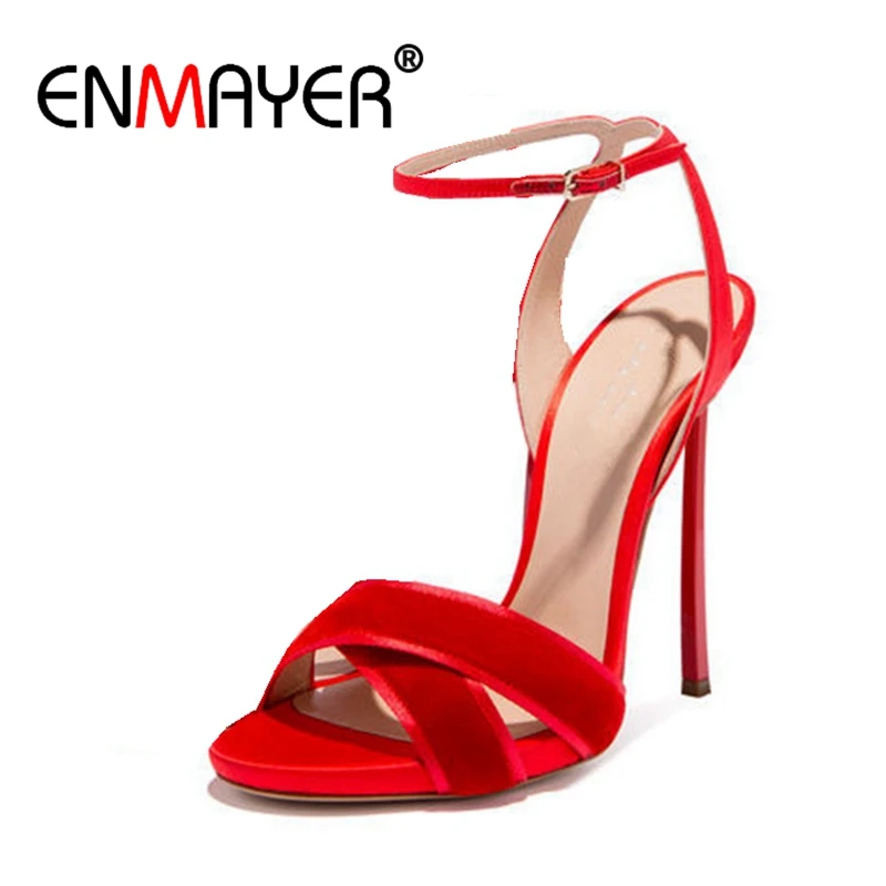 

ENMAYER Bowtie Stain Open toe High heels Sandals Big size 34-43 Summer Sexy Women shoes Buckle strap Thin heels Sweet Shoes CR56