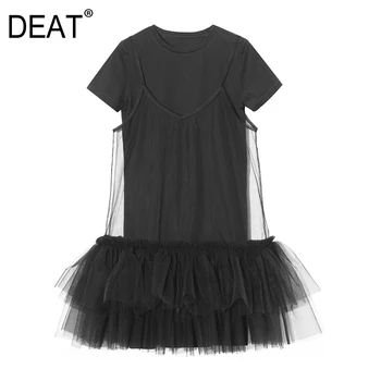 

DEAT 2020 summer and new autumn fashion women clothes short sleeves mesh covered ruffles organza fake two pieces dress WH25201