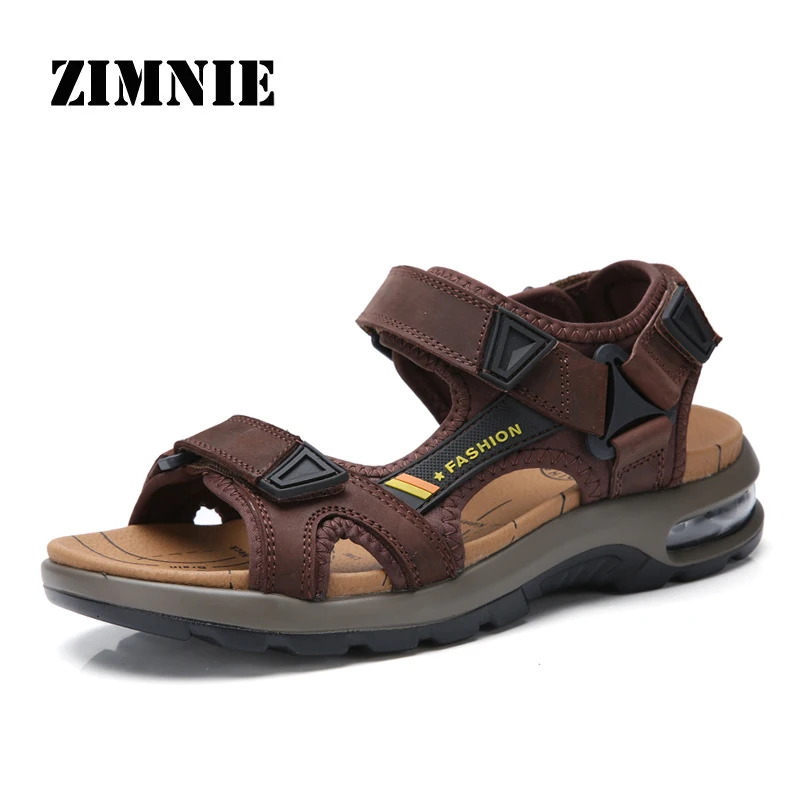 

ZIMNIE Brand Men Genuine Cow Leather Sandals Men Breathable Cool Summer Shoes New Fashion Casual Flat Air Cushion Shoes Big Size