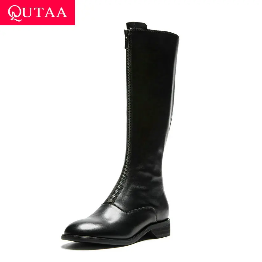 

QUTAA 2020 Autumn Winter Fashion Women Shoes Square Low Heel Cow Leather Front Zipper Concise Comfort Knee High Boots Size 34-39