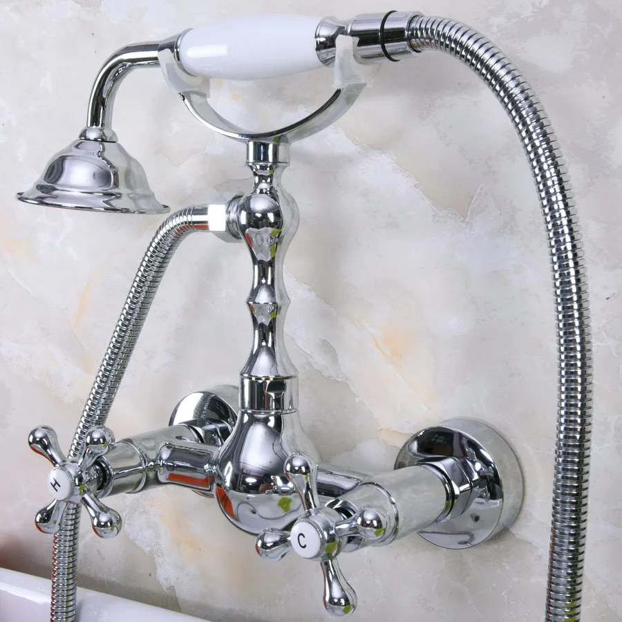 

Modern Wall Mount Polished Chrome Brass Bathroom Clawfoot Hand Shower Faucet Mixer Tap Set Telephone Shape Hand Spray ana192