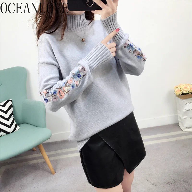 

OCEANLOVE Floral Embroidery Women Sweater 2019 Winter Clothes Autumn Half Turtleneck Sueter Mujer Korean Warm Pullovers 12712