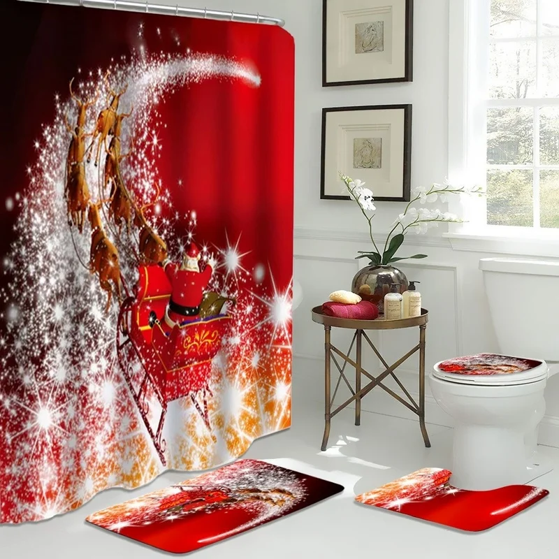 180*180 см 3D Блестящий Рождественский Санта-Клаус, олень, водонепроницаемая занавеска для душа, набор для унитаза, украшение для ванной комнаты