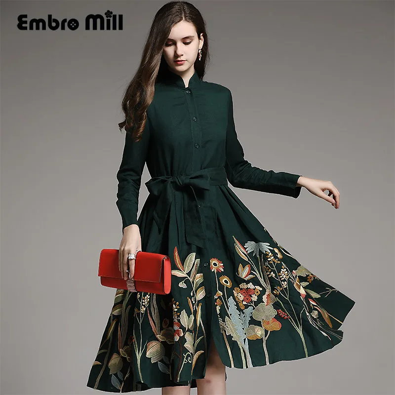 

Vintage autumn royal embroidery windbreaker women runway elegant loose lady plus size green ramie trench coat female S-XXXL
