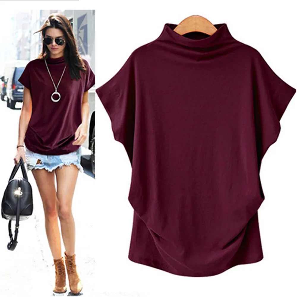 

Women Casual Turtleneck Short Sleeve Cotton girl Solid Casual Blouse Top Shirt female Plus Size Solid girl clothing fashion