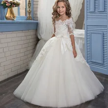 Г., платья с короткими рукавами для девочек на свадьбу, бальное платье, тюль с бусами, длинные платья с бантом для первого причастия для маленьких девочек