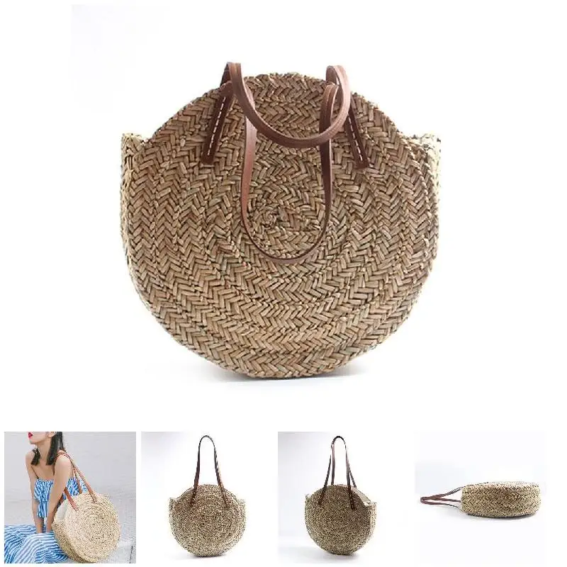 

Women Straw Weave Handbag Round Shoulder Bag Girl Casual Bags for Beach Travel MSJ99