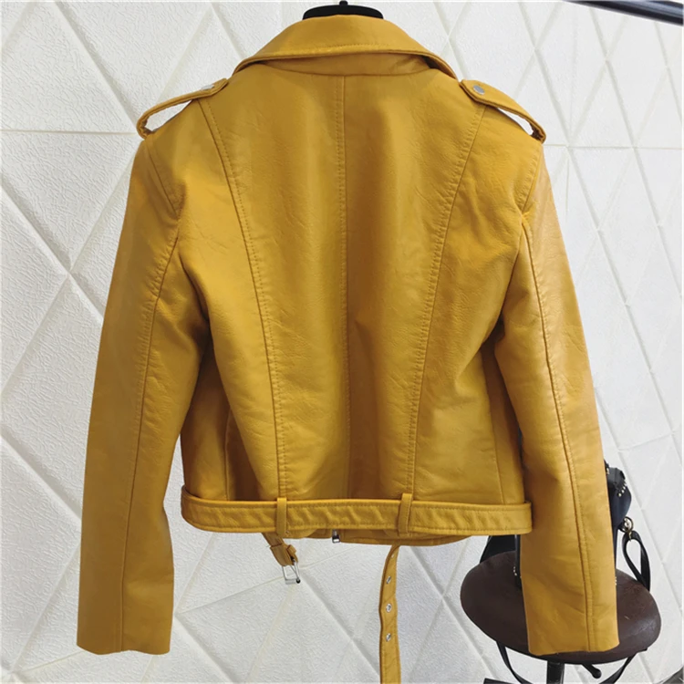 FTLZZ Fashion Pu Leather Jacket Women Bright Color Black Motorcycle Coats Short Faux Leather Biker Jackets Soft Coat Female