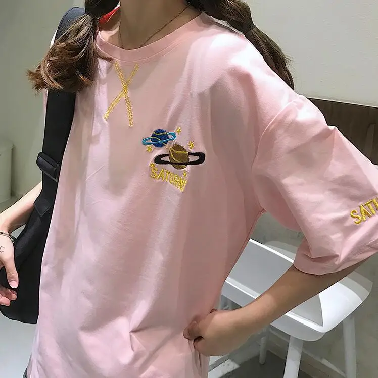 Женская футболка s harajuku Ulzzang студент свободные ins Сатурн спутниковый принт леди