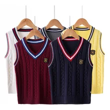 Детский свитер в году, весенне-осенние вязаные свитера с треугольным вырезом для мальчиков и девочек из хлопка жилет в английском стиле для подростков от 4 до 14 лет