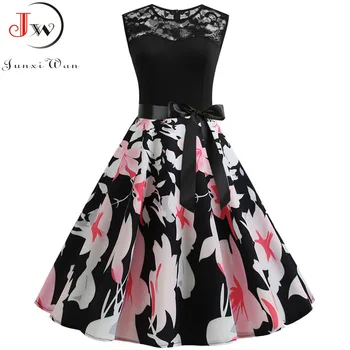 

Vintage Lace Dresses Sleeveless Sexy Black Patchwork A-Line Party Dresses Elegant Women Midi Vestidos Robe Femme Plus Size