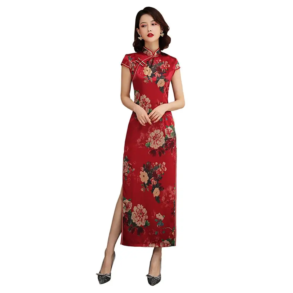 Шанхай история длинная Китайская традиционная одежда для женщин китайская пуговица цветочный принт Cheongsam Qipao платье - Цвет: Красный