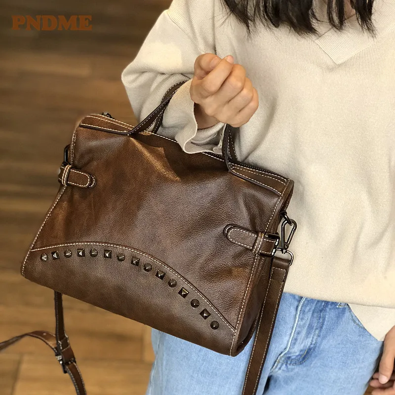 

PNDME vintage genuine leather ladies handbag rivet bag cowhide leather locomotive shoulder bag cross women's messenger bags