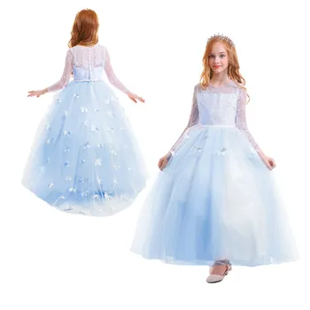 

2019 Vintage Flower Girls Wedding Bridesmaid Dress for Kids Butterfly Tulle Lace Long Dress Elegant Princess Party Girls Dress