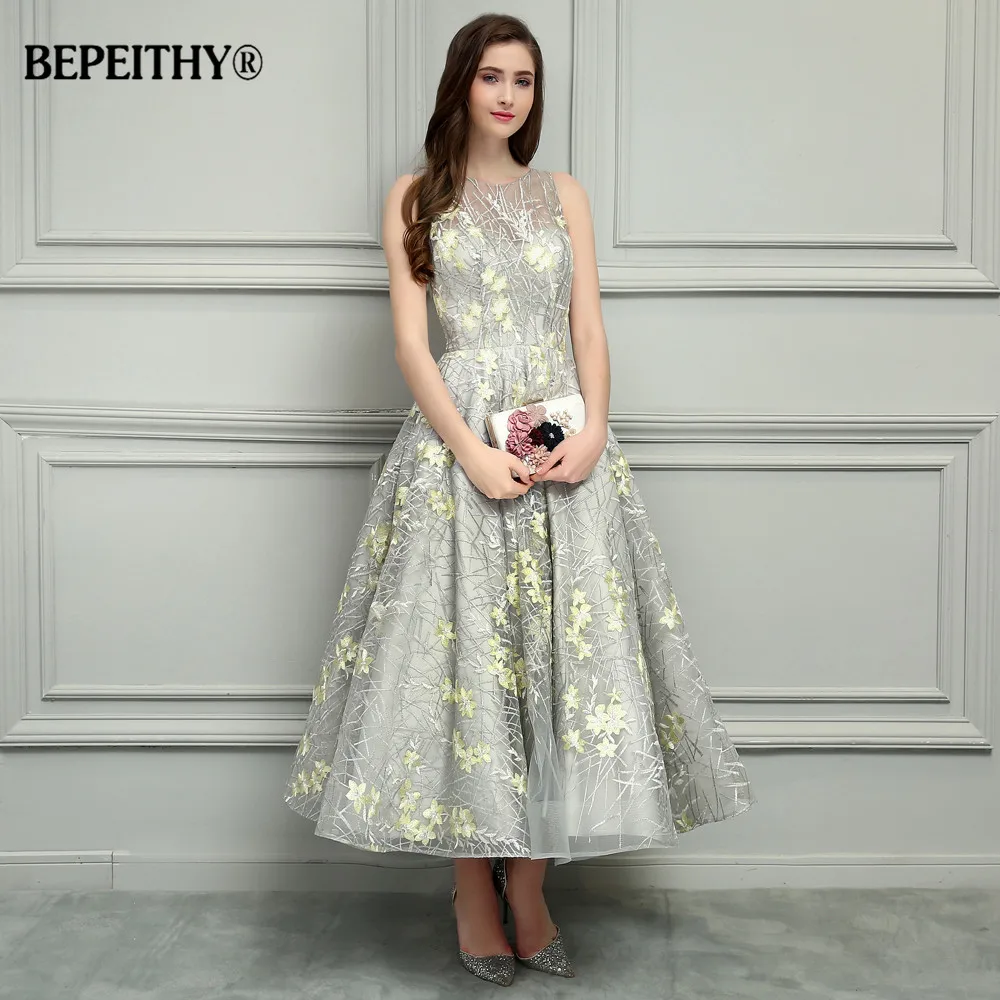 

BEPEITHY O-Neck Ankle-Length Lace Evening Dresses Vestido De Festa Sexy Open Back Cheap Prom Dress 2019 Hot Sale