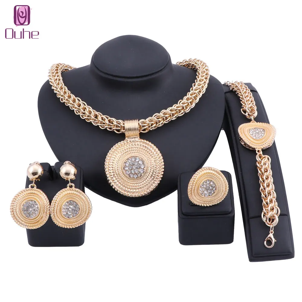 

Fashion African Beads Jewelry Set Exquisite Dubai Gold Color Round Crystal Pendant Jewelry Set Nigerian Wedding Bridal Bijoux