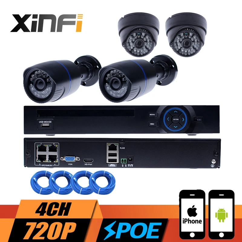 XINFI Motion Detect IP Camera Surveillance System PoE Camera Kit 4CH PoE NVR Recorder System H.264 ONVIF 2.0 With 720P Cameras