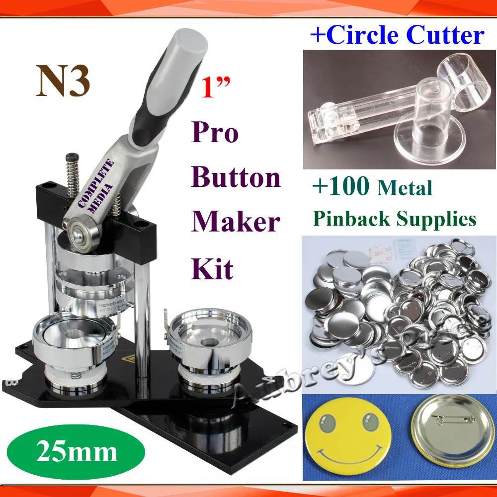

Pro N3 NEW 1" 25mm Badge Button Maker Machine + Adjustable Circle Cutter+100 Sets Metal Pinback Button Supply
