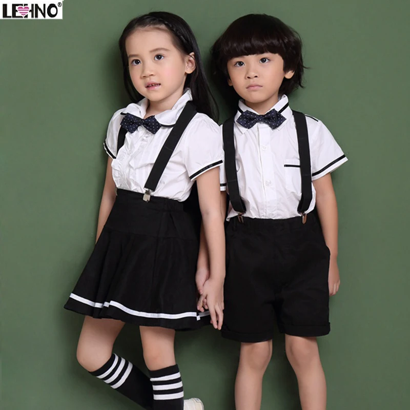 LEHNO/Брендовая детская школьная форма для мальчиков и девочек, Белая Летняя хлопковая блузка/рубашка+ юбка на подтяжках/шорты+ галстук-бабочка, на возраст от 3 до 12 лет