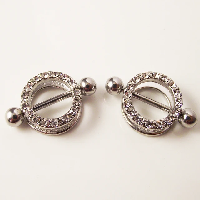 2 Piece 14G Full Crystal Round Nipple Ring Bar Sexy Nipple Shield Rings