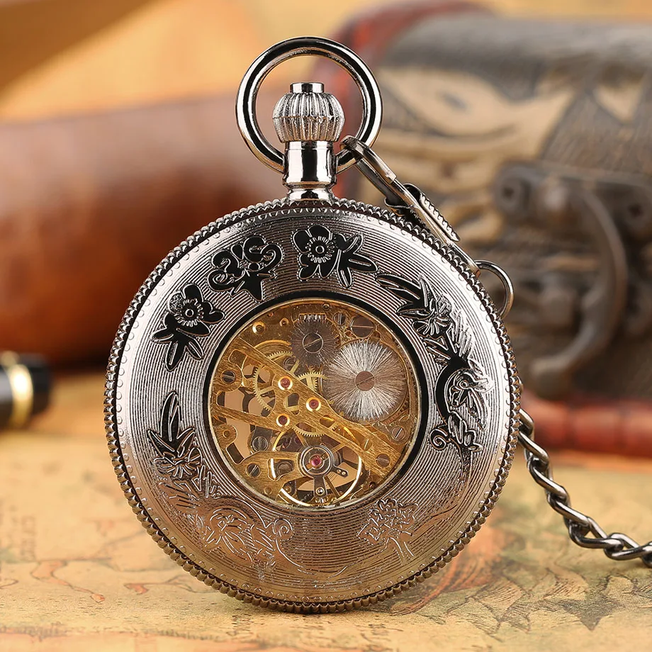 Vintage Sliver Case Hand Winding Mechanical Steampunk Gold Skeleton Rome Number Poket Watch Momen Crude Chain Clock Luxury Gift  (8)