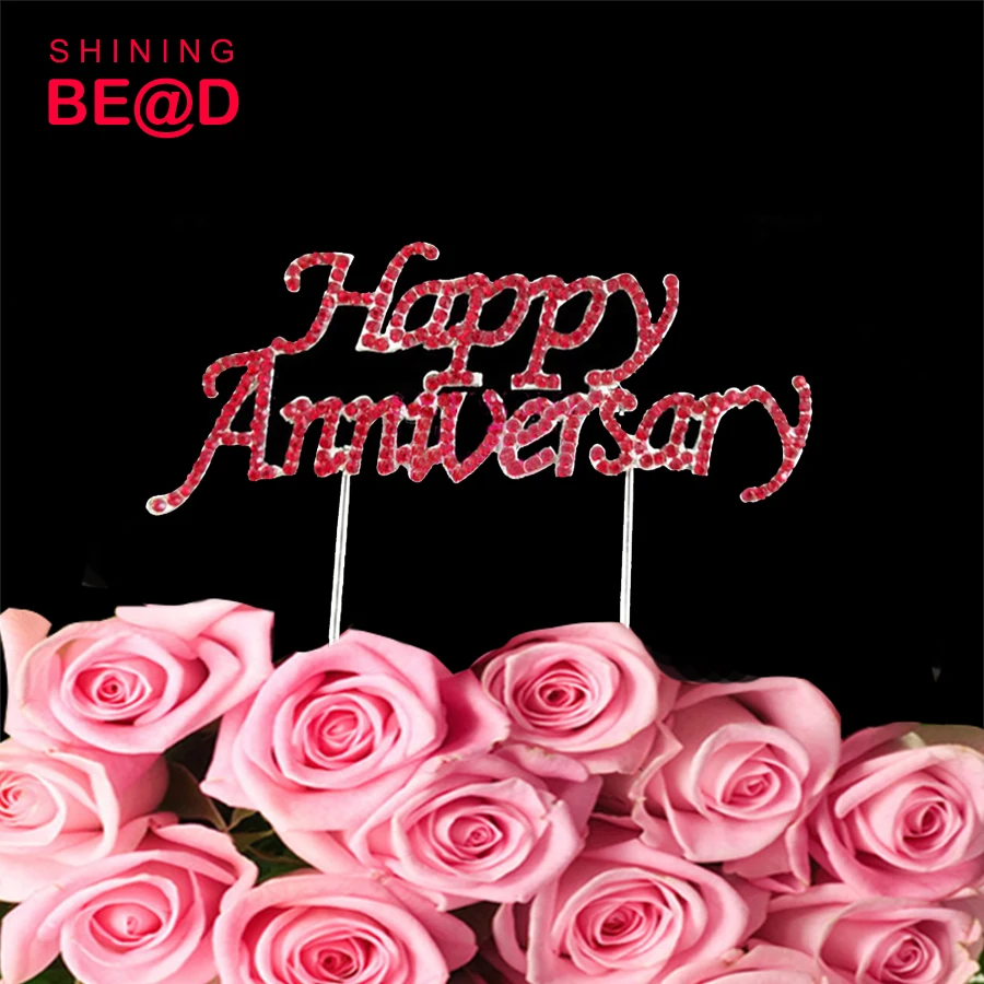 

20 pcs/lot+Happy anniversary cake toppers diamante red wedding rhinestone cake topper decoration