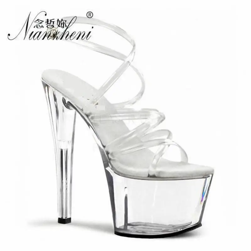 

7 Inch Pointed Crystal Stiletto High Heels Open Toe Womens Shoes 17cm High-Heeled Sandals Platform Dance Clear Strap Heels