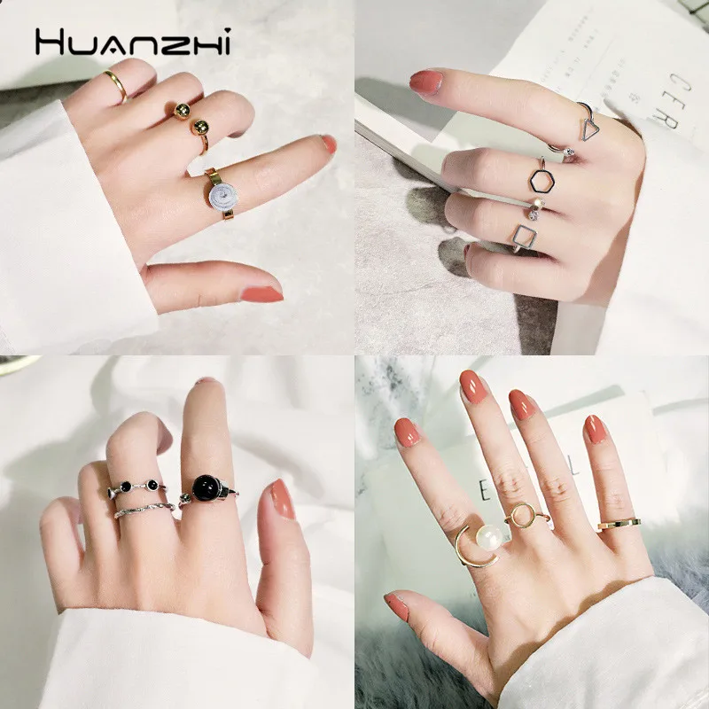 

HUANZHI 2019 Rhinestone Imitation Pearls Office Classic Design Open Rings Simple Geometric Alloy Finger Rings For Women Jewelry