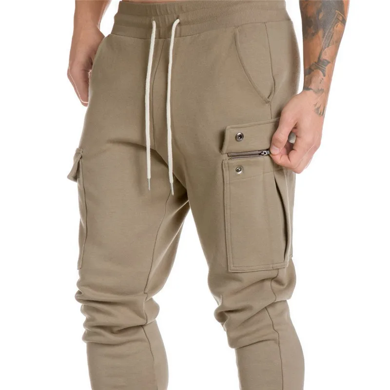 

2019 New Cargo Pants Gyms Fitness Bodybuilding Men Sweatpants Joggers Workout Casual Mens Trousers Pocket Solid Cotton
