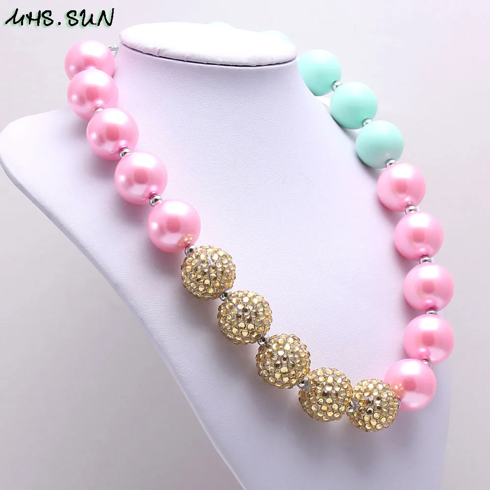 BN575-1 (6),$5.85.Fashion Kids Girls Beads Necklace PinkBlueGold Bubblegum Chunky Necklace For Toddler Child Gift Handmade Jewelry