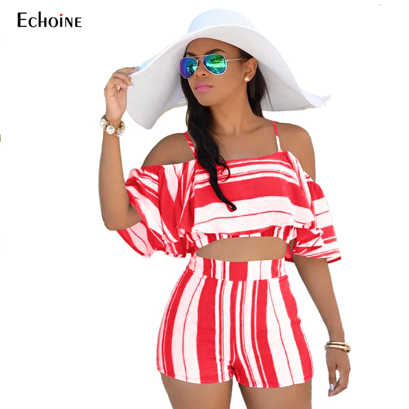 

2019 Summer Casual Ruffle 2 Piece Set Women Slash Neck Short Sleeve Top With Shorts Set Striped Women Clothes Sexy Two Piece Set