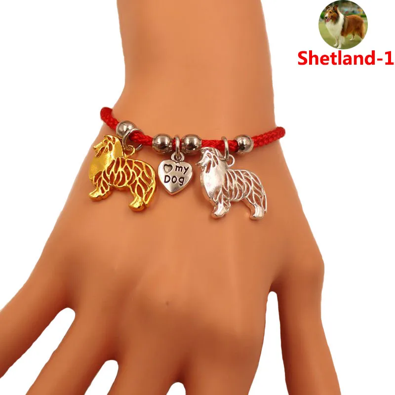 Shetland овчарка Собака животное, амулет, браслет для женщин мужчин Пара Любовь веревка мужской женский жемчуг красное сердце черные девушки милые - Окраска металла: 1-red rope