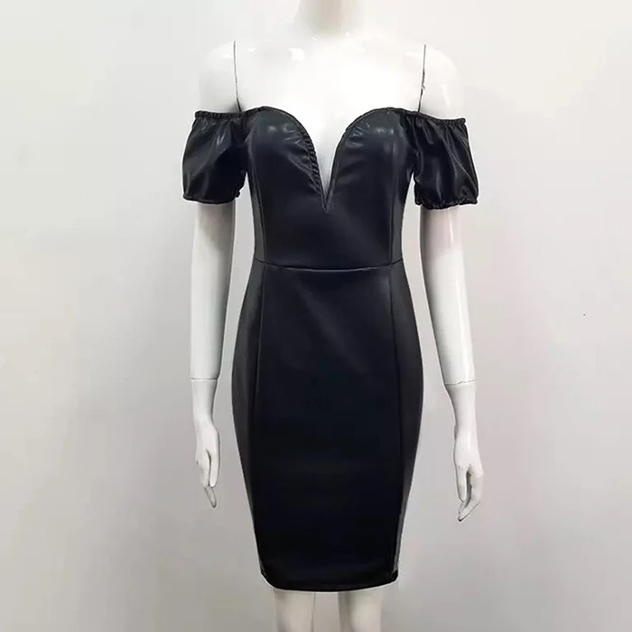 Новое летнее черное платье высокого качества с коротким рукавом, сексуальное модное кожаное облегающее платье с v-образным вырезом, вечерние облегающее мини-платье - Цвет: Черный